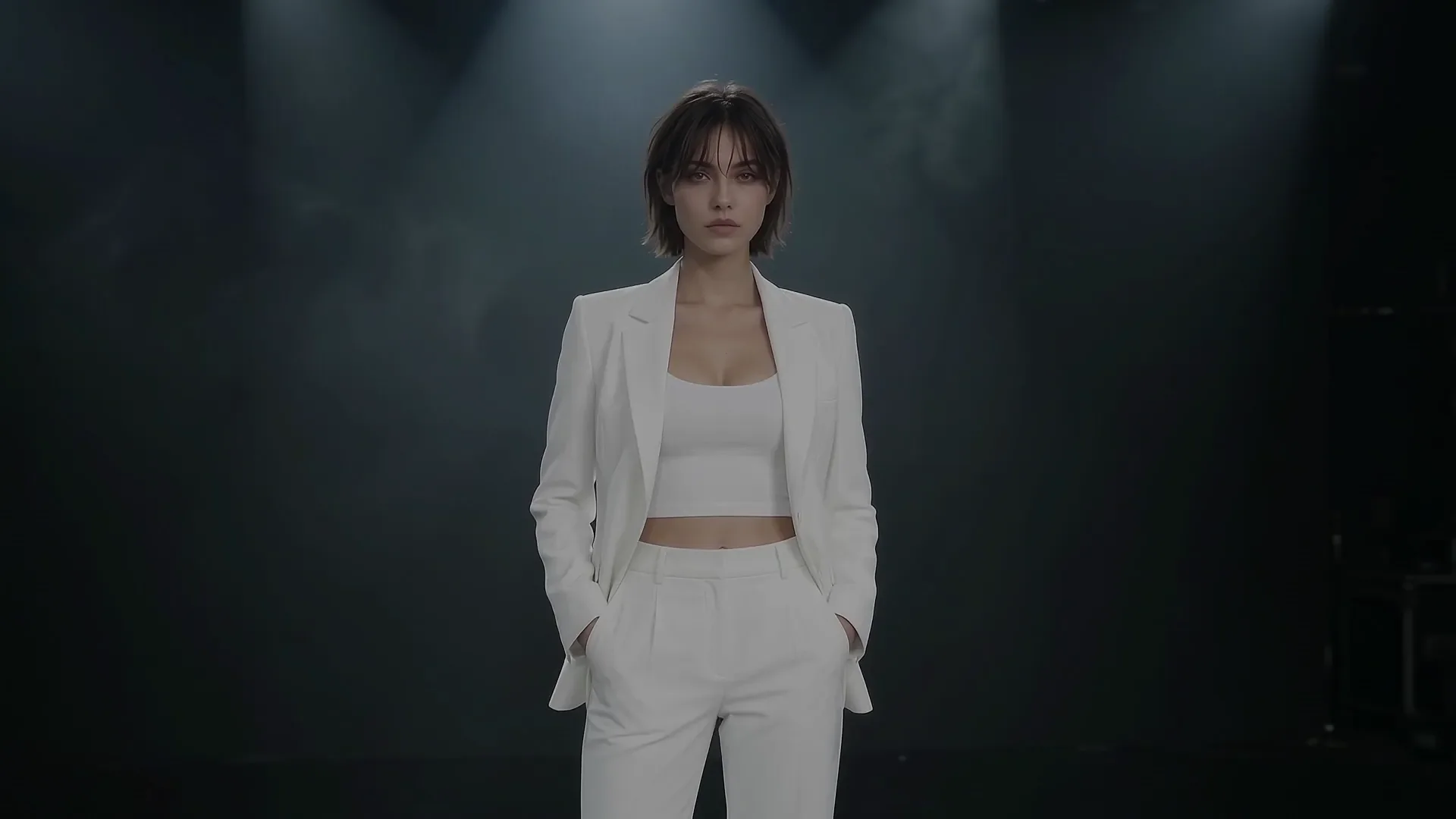 The second character in a white suit on the stage.
