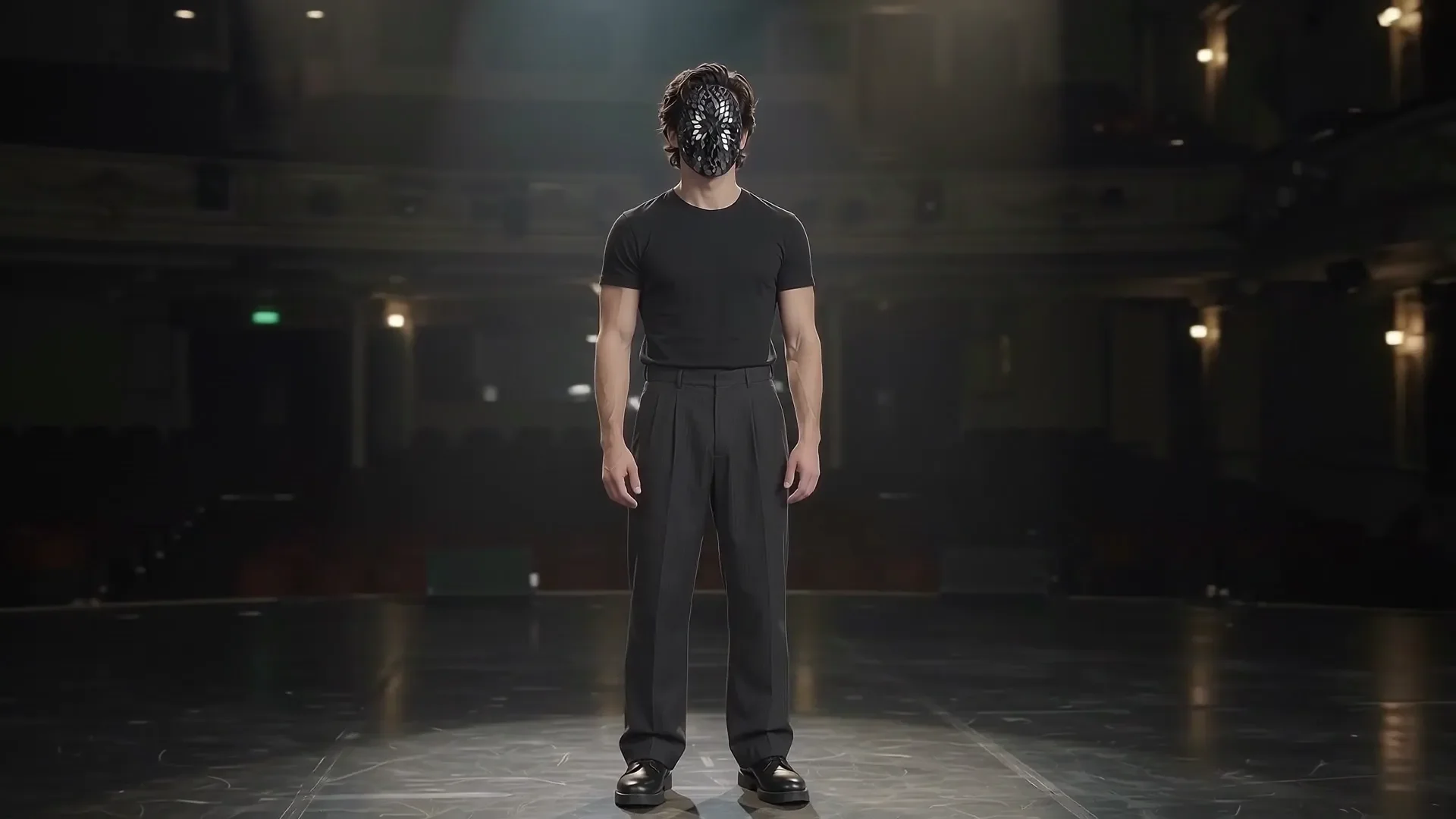 The third character in black, facing the auditorium.